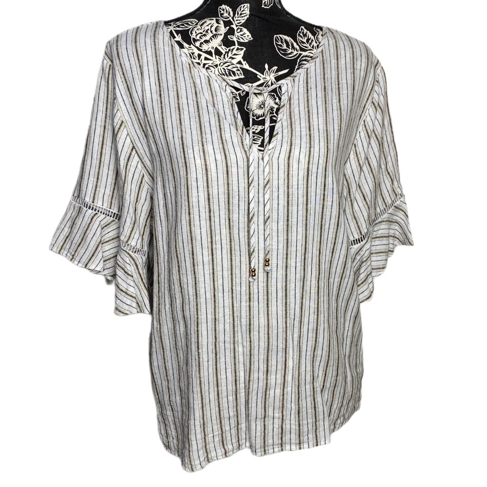 Ellen Tracy Linen Tie Neck Top Horizontal Striped Blouse Ruffled Flare Sleeves